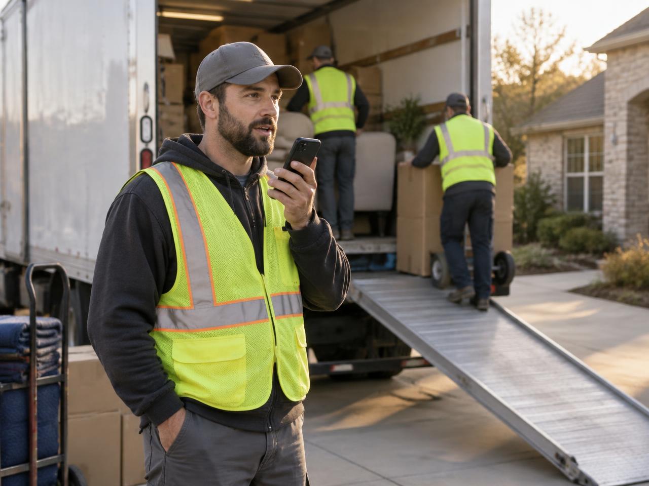 Moving crew lead in a safety vest recording a voice job log on a phone beside a parked moving truck